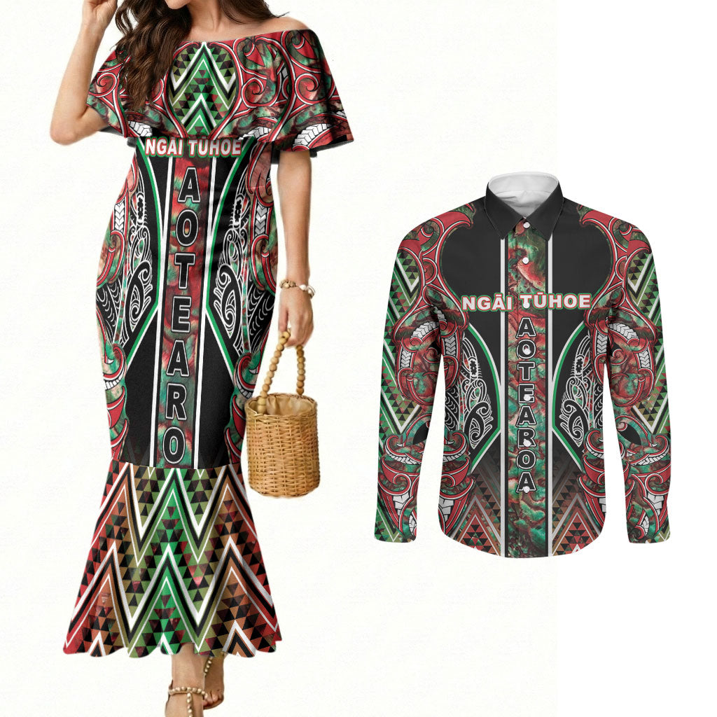 Aotearoa Ngai Tuhoe Couples Matching Mermaid Dress and Long Sleeve Button Shirt Maori Tribal Red And Green Paua Shell Pattern DT05 Red - Polynesian Pride