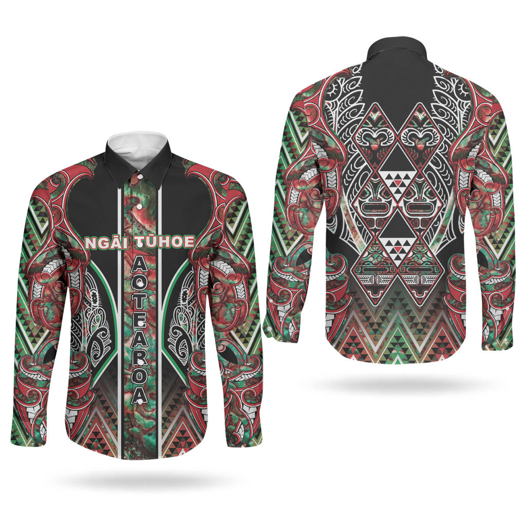 Aotearoa Ngai Tuhoe Couples Matching Off Shoulder Maxi Dress and Long Sleeve Button Shirt Maori Tribal Red And Green Paua Shell Pattern DT05 - Polynesian Pride