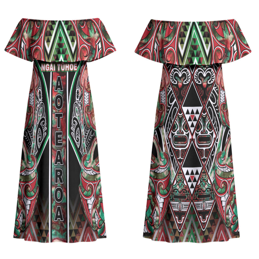 Aotearoa Ngai Tuhoe Couples Matching Off Shoulder Maxi Dress and Long Sleeve Button Shirt Maori Tribal Red And Green Paua Shell Pattern DT05 - Polynesian Pride