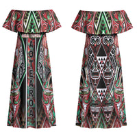 Aotearoa Ngai Tuhoe Couples Matching Off Shoulder Maxi Dress and Long Sleeve Button Shirt Maori Tribal Red And Green Paua Shell Pattern DT05 - Polynesian Pride