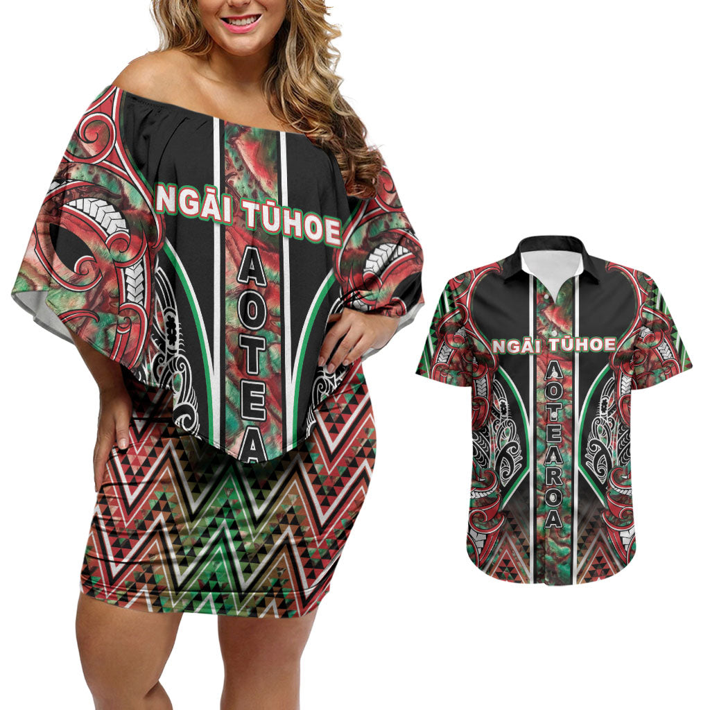Aotearoa Ngai Tuhoe Couples Matching Off Shoulder Short Dress and Hawaiian Shirt Maori Tribal Red And Green Paua Shell Pattern DT05 Red - Polynesian Pride