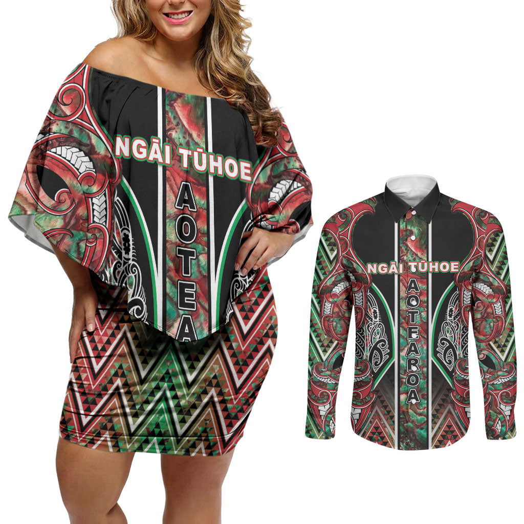 Aotearoa Ngai Tuhoe Couples Matching Off Shoulder Short Dress and Long Sleeve Button Shirt Maori Tribal Red And Green Paua Shell Pattern DT05 Red - Polynesian Pride