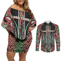 Aotearoa Ngai Tuhoe Couples Matching Off Shoulder Short Dress and Long Sleeve Button Shirt Maori Tribal Red And Green Paua Shell Pattern DT05 Red - Polynesian Pride