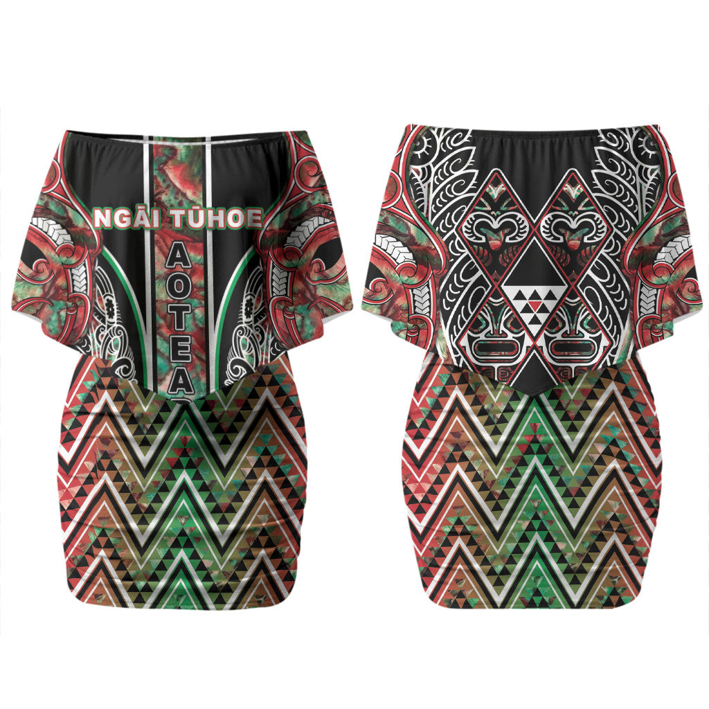 Aotearoa Ngai Tuhoe Couples Matching Off Shoulder Short Dress and Long Sleeve Button Shirt Maori Tribal Red And Green Paua Shell Pattern DT05 - Polynesian Pride