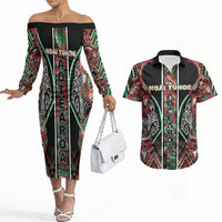 Aotearoa Ngai Tuhoe Couples Matching Off The Shoulder Long Sleeve Dress and Hawaiian Shirt Maori Tribal Red And Green Paua Shell Pattern DT05 Red - Polynesian Pride