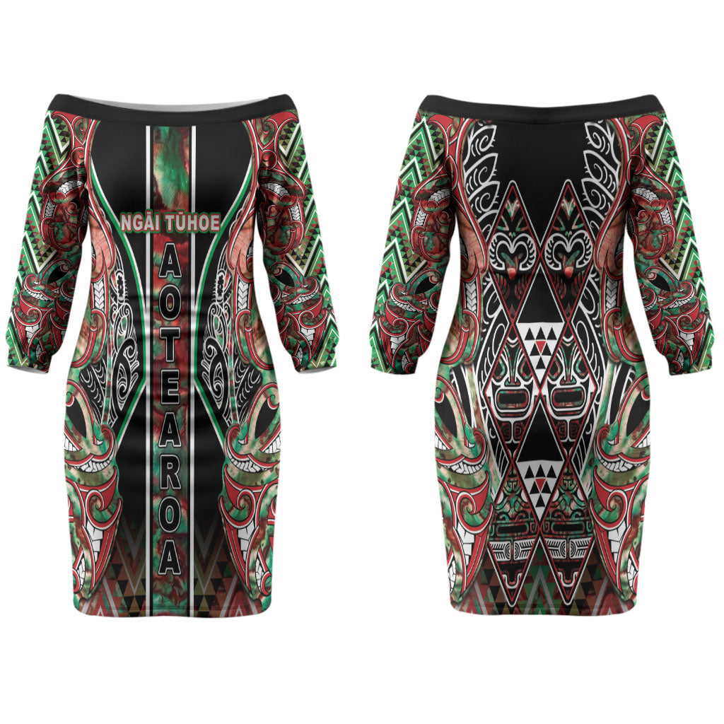 Aotearoa Ngai Tuhoe Couples Matching Off The Shoulder Long Sleeve Dress and Hawaiian Shirt Maori Tribal Red And Green Paua Shell Pattern DT05 - Polynesian Pride