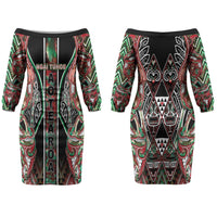 Aotearoa Ngai Tuhoe Couples Matching Off The Shoulder Long Sleeve Dress and Hawaiian Shirt Maori Tribal Red And Green Paua Shell Pattern DT05 - Polynesian Pride
