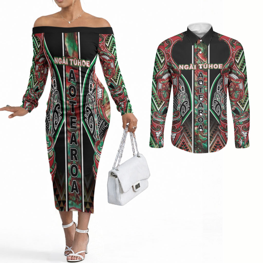 Aotearoa Ngai Tuhoe Couples Matching Off The Shoulder Long Sleeve Dress and Long Sleeve Button Shirt Maori Tribal Red And Green Paua Shell Pattern DT05 Red - Polynesian Pride