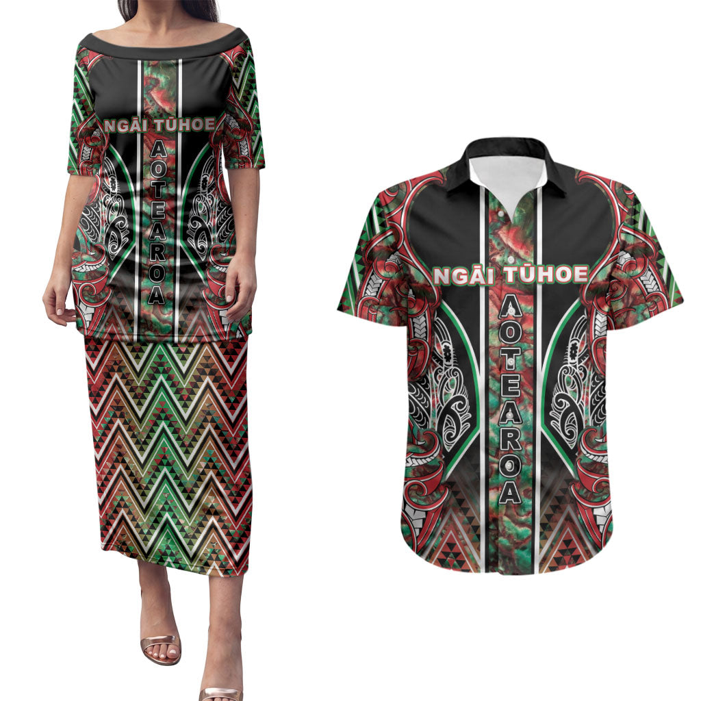 Aotearoa Ngai Tuhoe Couples Matching Puletasi and Hawaiian Shirt Maori Tribal Red And Green Paua Shell Pattern DT05 Red - Polynesian Pride