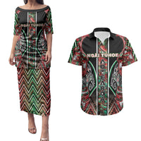 Aotearoa Ngai Tuhoe Couples Matching Puletasi and Hawaiian Shirt Maori Tribal Red And Green Paua Shell Pattern DT05 Red - Polynesian Pride