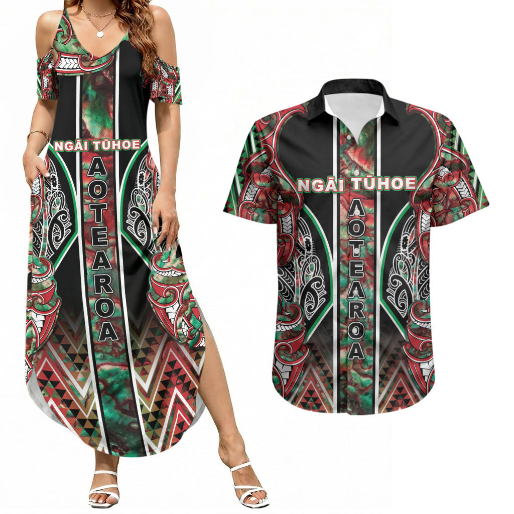 Aotearoa Ngai Tuhoe Couples Matching Summer Maxi Dress and Hawaiian Shirt Maori Tribal Red And Green Paua Shell Pattern DT05 Red - Polynesian Pride