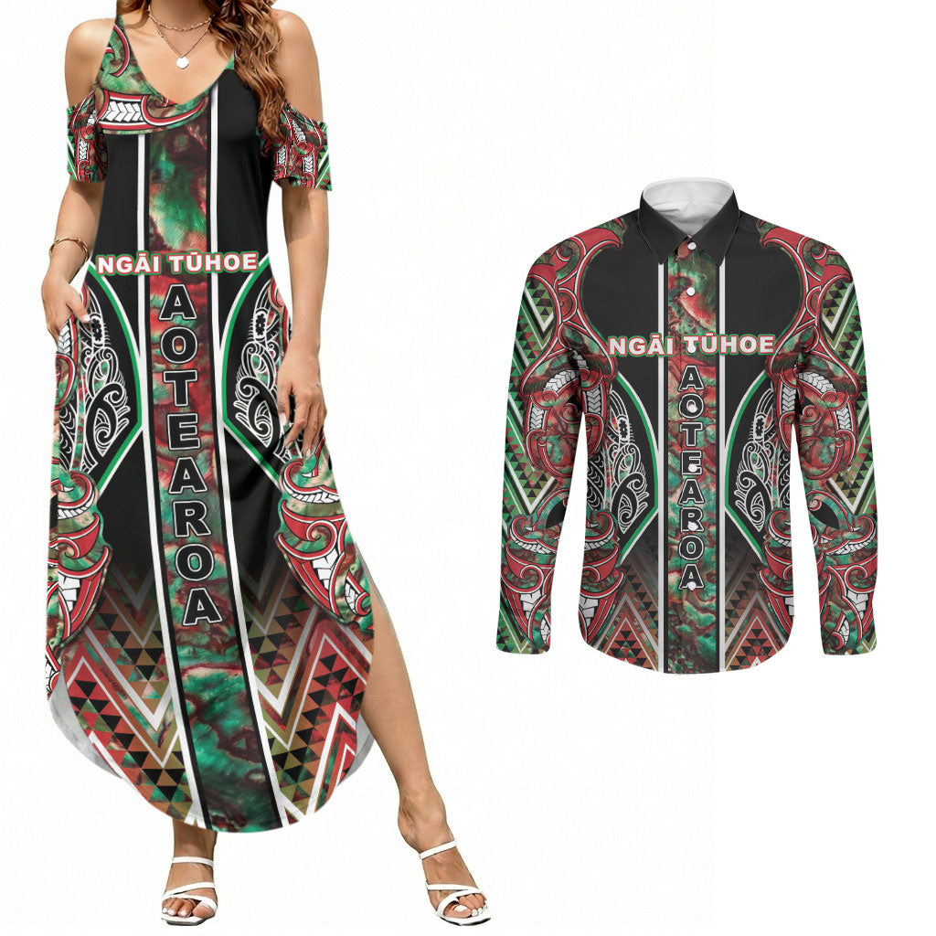 Aotearoa Ngai Tuhoe Couples Matching Summer Maxi Dress and Long Sleeve Button Shirt Maori Tribal Red And Green Paua Shell Pattern DT05 Red - Polynesian Pride