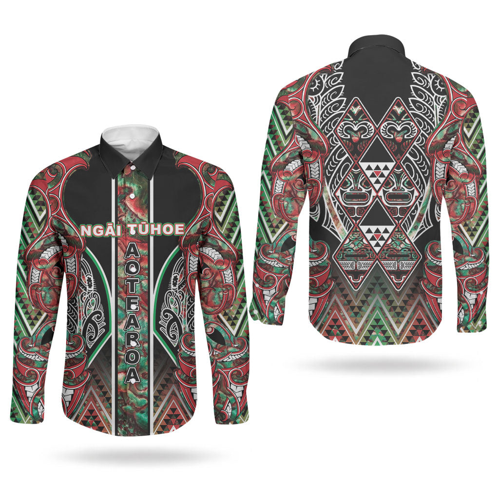 Aotearoa Ngai Tuhoe Couples Matching Summer Maxi Dress and Long Sleeve Button Shirt Maori Tribal Red And Green Paua Shell Pattern DT05 - Polynesian Pride
