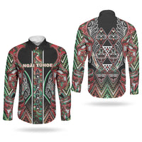 Aotearoa Ngai Tuhoe Couples Matching Summer Maxi Dress and Long Sleeve Button Shirt Maori Tribal Red And Green Paua Shell Pattern DT05 - Polynesian Pride