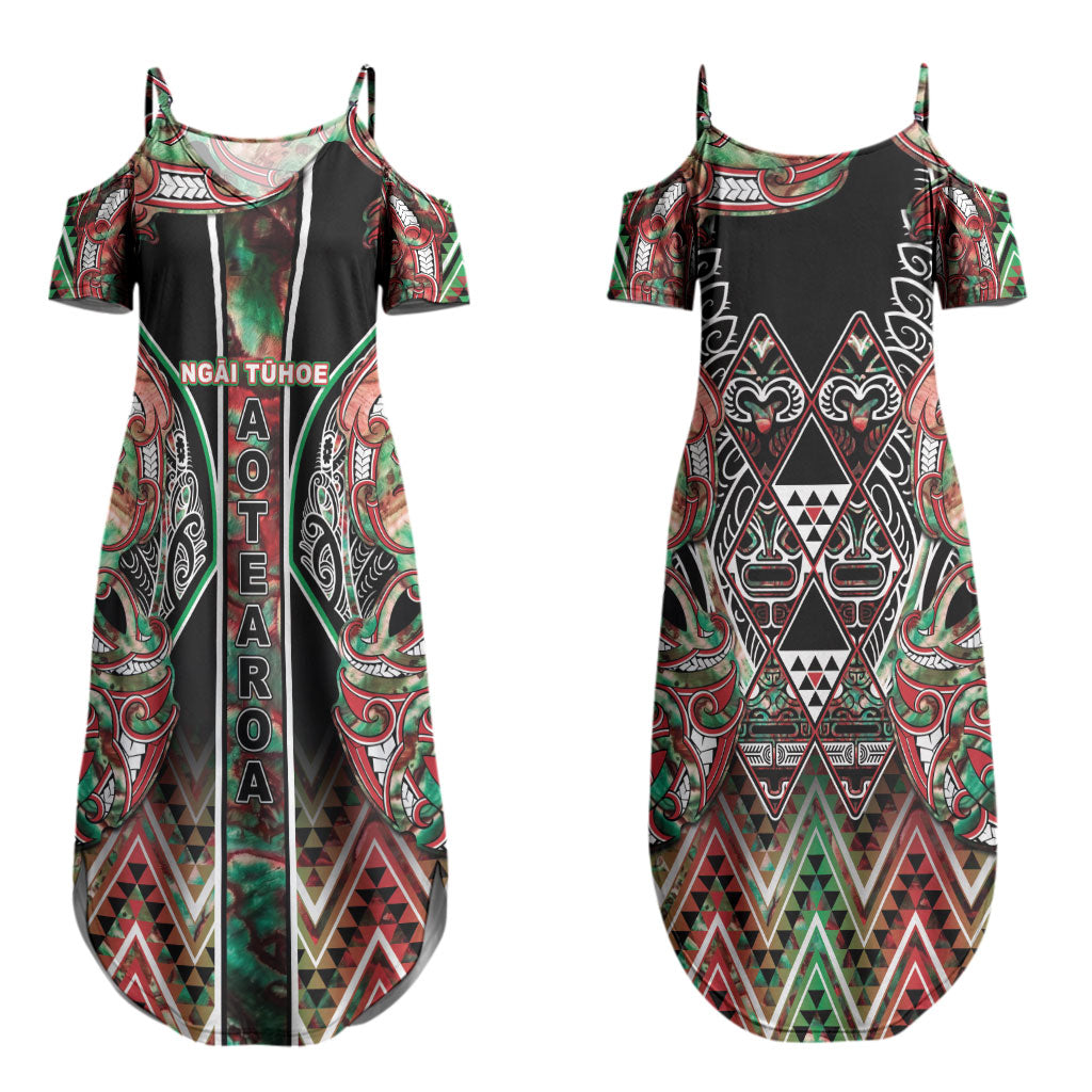 Aotearoa Ngai Tuhoe Couples Matching Summer Maxi Dress and Long Sleeve Button Shirt Maori Tribal Red And Green Paua Shell Pattern DT05 - Polynesian Pride