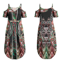 Aotearoa Ngai Tuhoe Couples Matching Summer Maxi Dress and Long Sleeve Button Shirt Maori Tribal Red And Green Paua Shell Pattern DT05 - Polynesian Pride