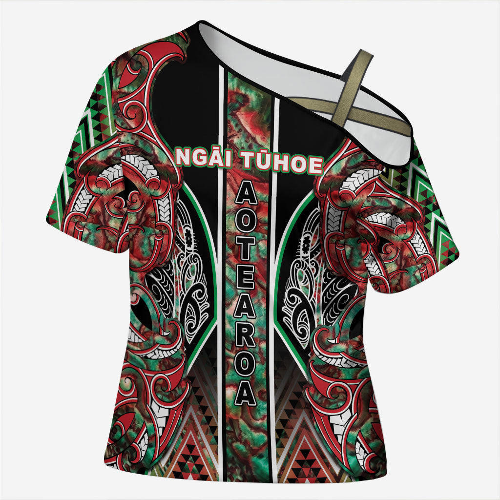 Aotearoa Ngai Tuhoe Cross Shoulder Shirt Maori Tribal Red And Green Paua Shell Pattern DT05 Female Red - Polynesian Pride