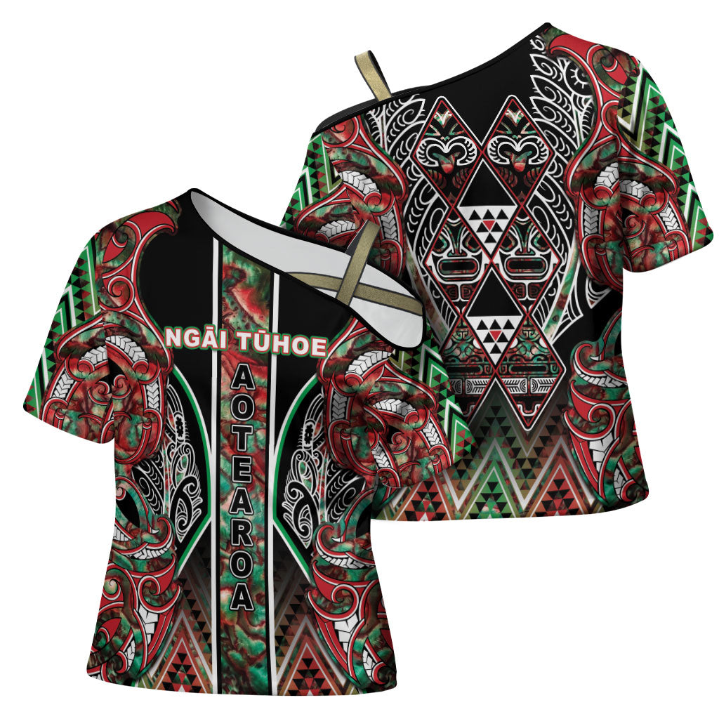 Aotearoa Ngai Tuhoe Cross Shoulder Shirt Maori Tribal Red And Green Paua Shell Pattern DT05 - Polynesian Pride