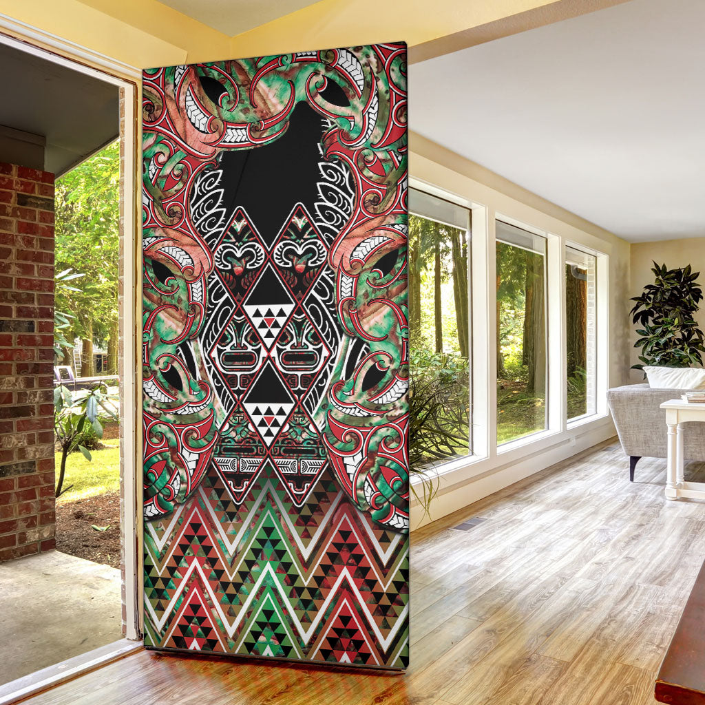 Aotearoa Ngai Tuhoe Door Cover Maori Tribal Red And Green Paua Shell Pattern DT05 - Polynesian Pride