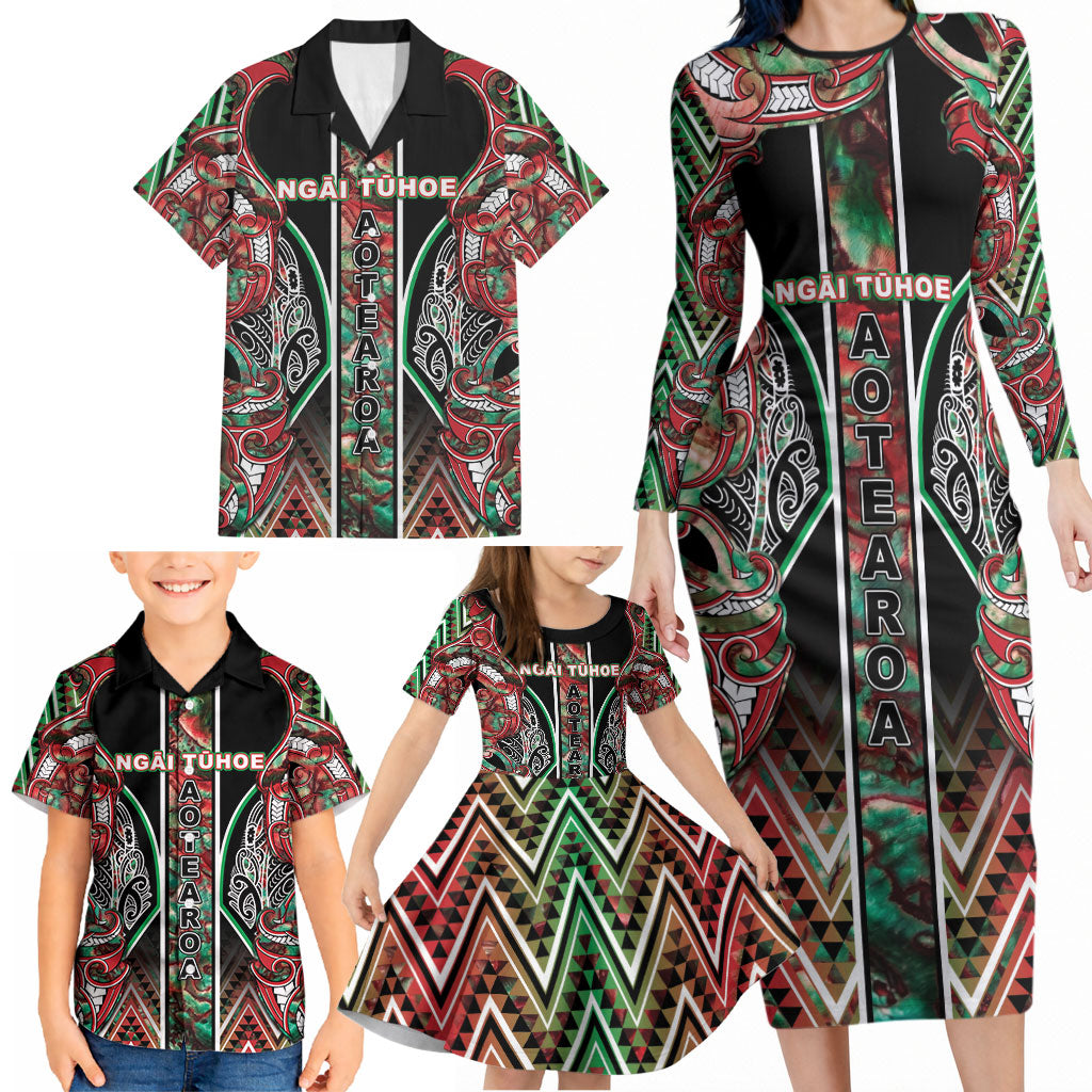 Aotearoa Ngai Tuhoe Family Matching Long Sleeve Bodycon Dress and Hawaiian Shirt Maori Tribal Red And Green Paua Shell Pattern DT05 - Polynesian Pride