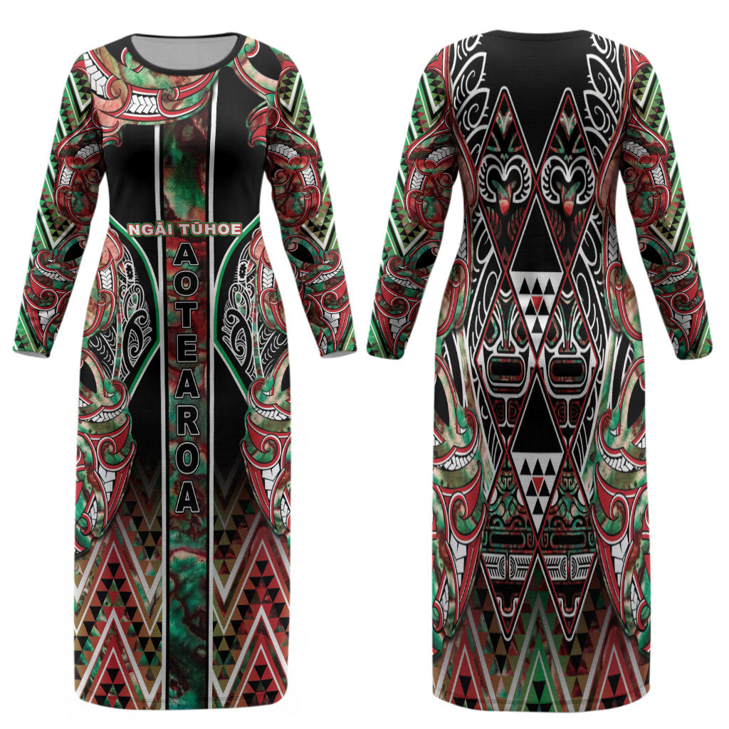 Aotearoa Ngai Tuhoe Family Matching Long Sleeve Bodycon Dress and Hawaiian Shirt Maori Tribal Red And Green Paua Shell Pattern DT05 Mom's Dress Red - Polynesian Pride