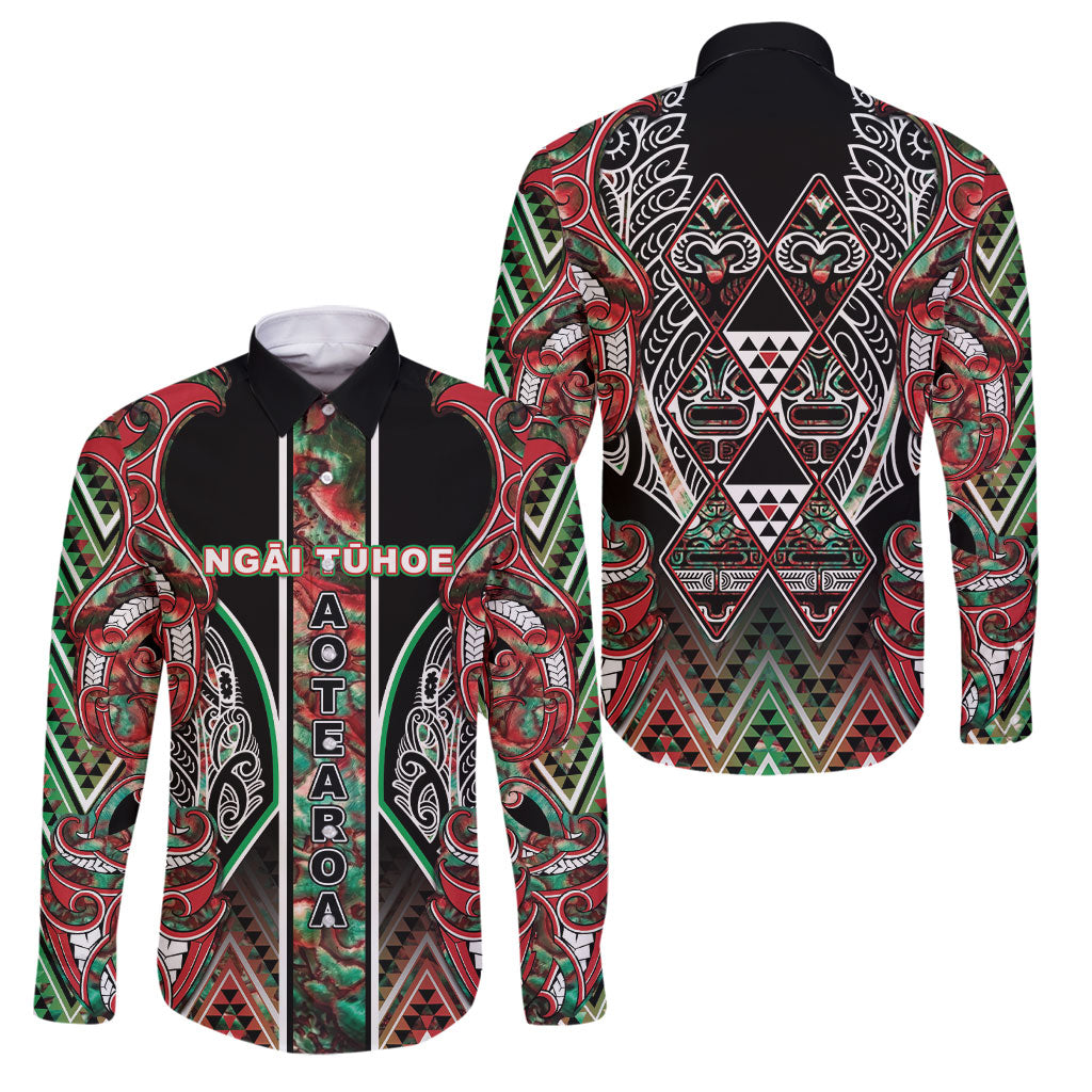 Aotearoa Ngai Tuhoe Family Matching Long Sleeve Bodycon Dress and Hawaiian Shirt Maori Tribal Red And Green Paua Shell Pattern DT05 Dad's Shirt - Long Sleeve Red - Polynesian Pride