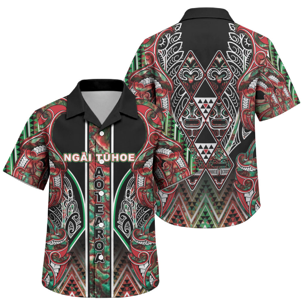 Aotearoa Ngai Tuhoe Family Matching Long Sleeve Bodycon Dress and Hawaiian Shirt Maori Tribal Red And Green Paua Shell Pattern DT05 Son's Shirt Red - Polynesian Pride