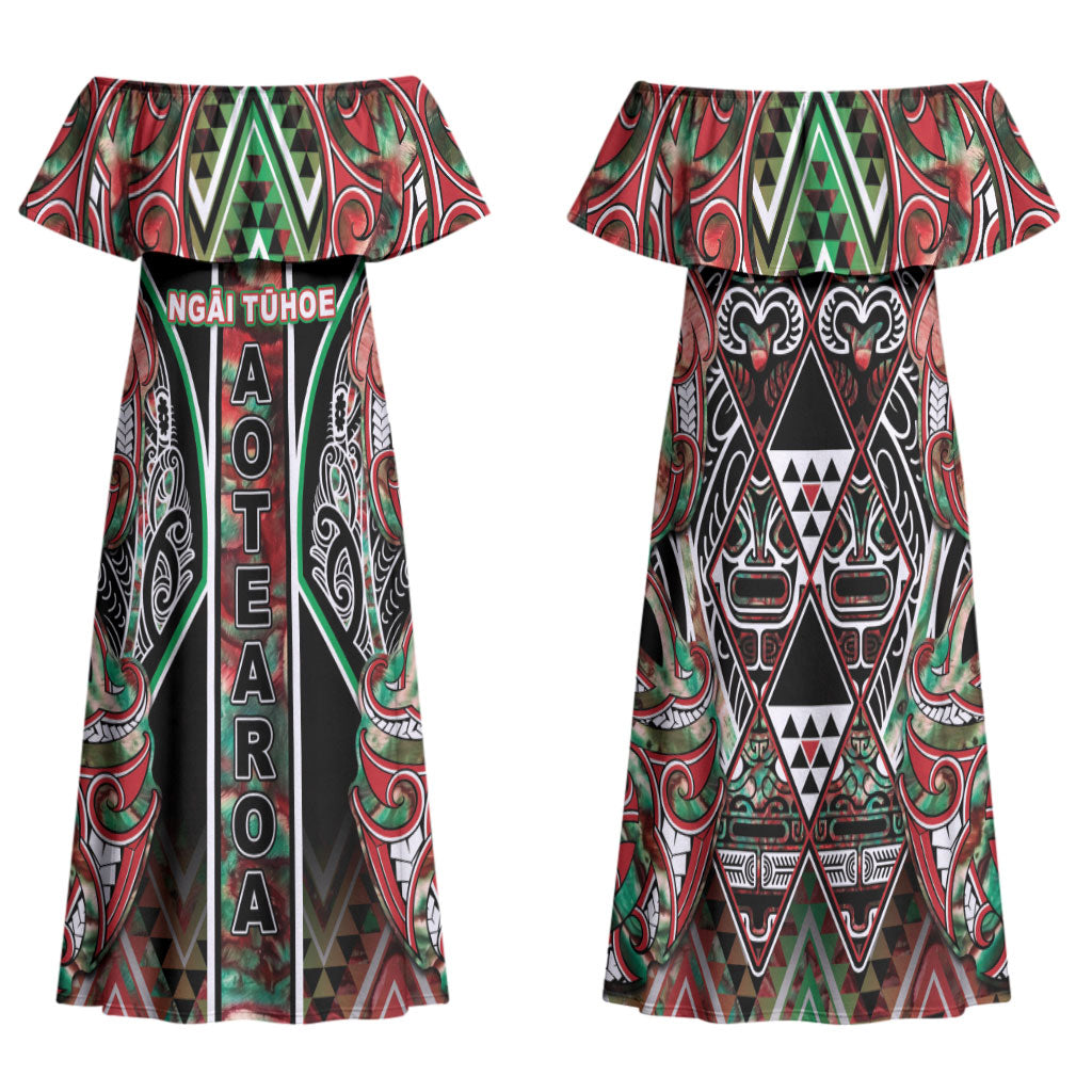Aotearoa Ngai Tuhoe Family Matching Off Shoulder Maxi Dress and Hawaiian Shirt Maori Tribal Red And Green Paua Shell Pattern DT05 Mom's Dress Red - Polynesian Pride