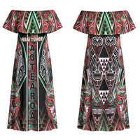 Aotearoa Ngai Tuhoe Family Matching Off Shoulder Maxi Dress and Hawaiian Shirt Maori Tribal Red And Green Paua Shell Pattern DT05 Mom's Dress Red - Polynesian Pride