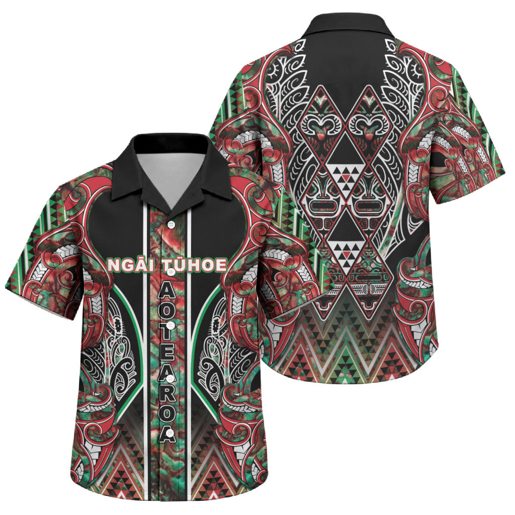 Aotearoa Ngai Tuhoe Family Matching Off Shoulder Maxi Dress and Hawaiian Shirt Maori Tribal Red And Green Paua Shell Pattern DT05 Son's Shirt Red - Polynesian Pride