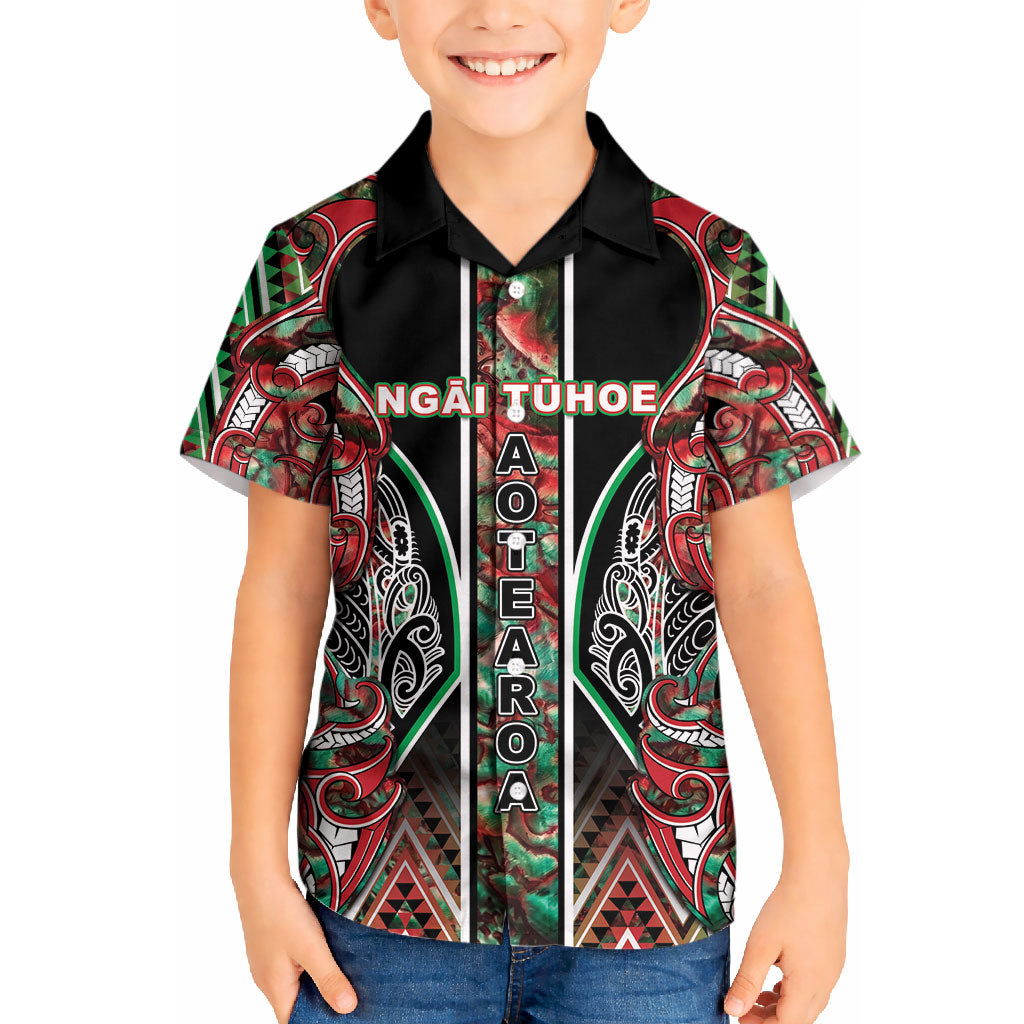 Aotearoa Ngai Tuhoe Kid Hawaiian Shirt Maori Tribal Red And Green Paua Shell Pattern DT05 Kid Red - Polynesian Pride