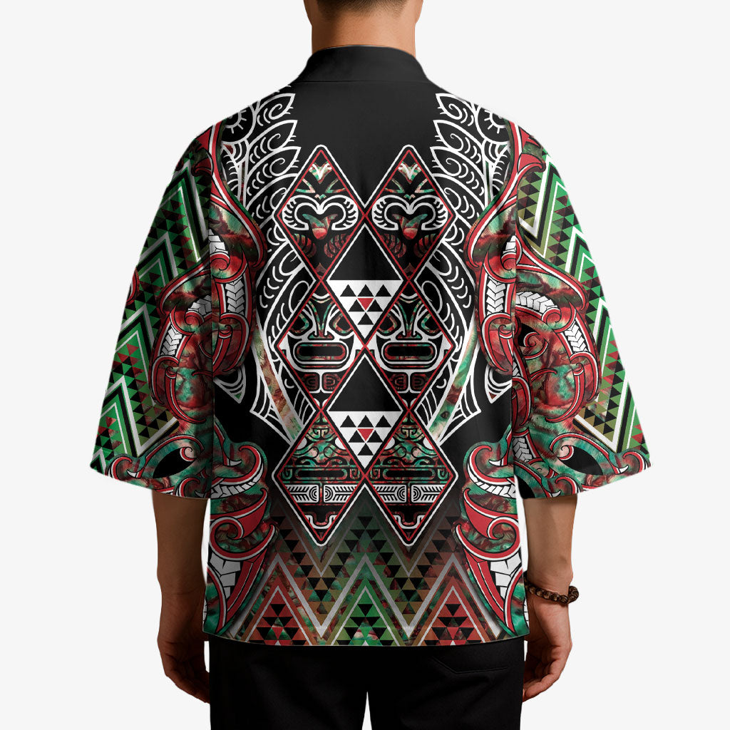 Aotearoa Ngai Tuhoe Kimono Maori Tribal Red And Green Paua Shell Pattern DT05 - Polynesian Pride