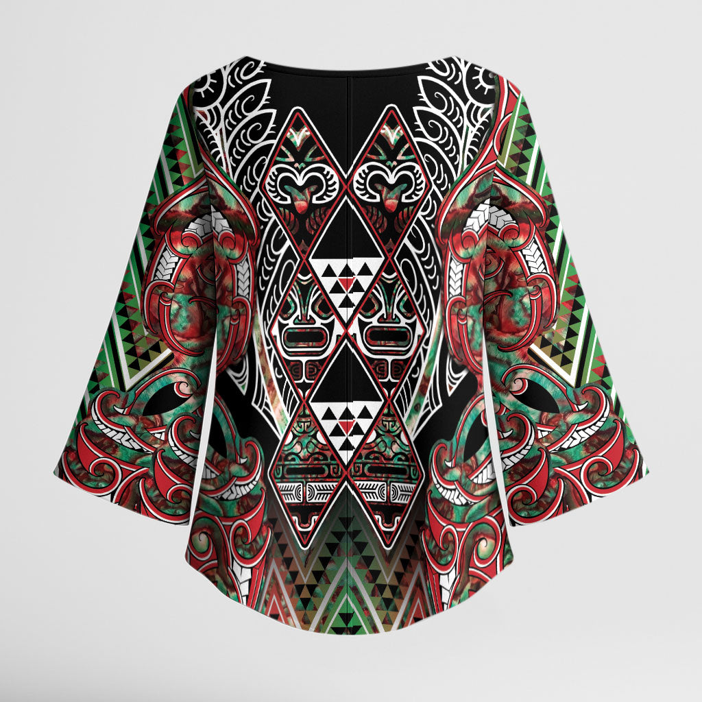 Aotearoa Ngai Tuhoe Kimono Sleeve Blouse Maori Tribal Red And Green Paua Shell Pattern DT05 - Polynesian Pride