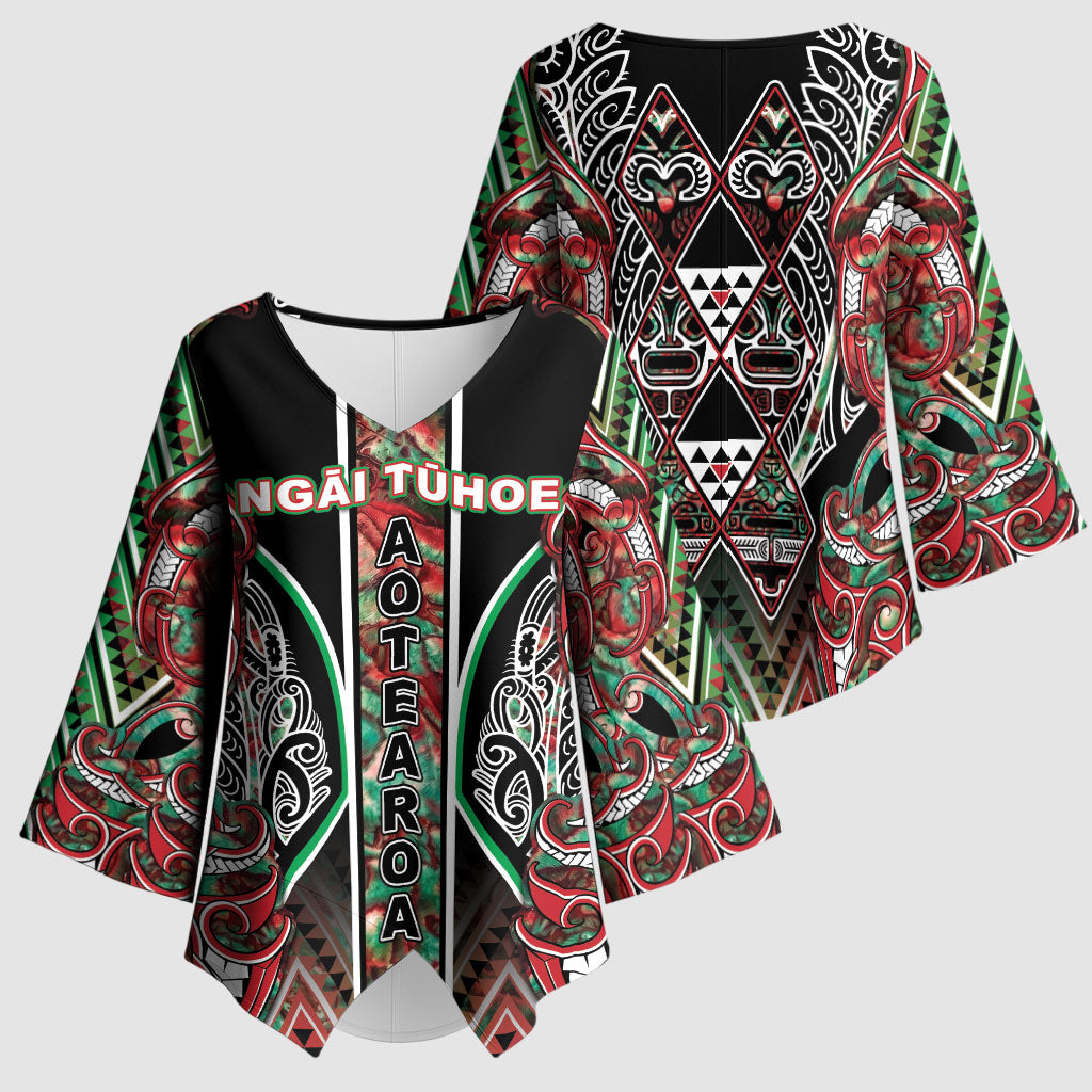 Aotearoa Ngai Tuhoe Kimono Sleeve Blouse Maori Tribal Red And Green Paua Shell Pattern DT05 - Polynesian Pride