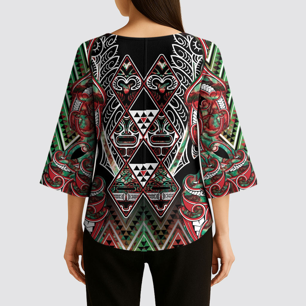 Aotearoa Ngai Tuhoe Kimono Sleeve Blouse Maori Tribal Red And Green Paua Shell Pattern DT05 - Polynesian Pride