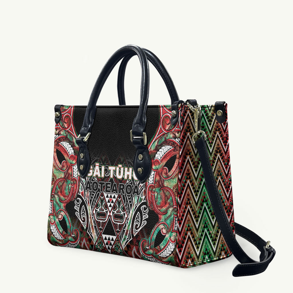 Aotearoa Ngai Tuhoe Leather Bag Maori Tribal Red And Green Paua Shell Pattern DT05 Red - Polynesian Pride