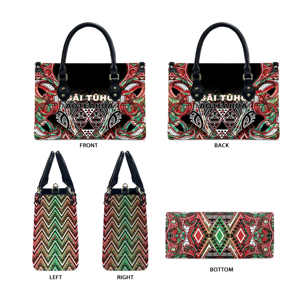 Aotearoa Ngai Tuhoe Leather Bag Maori Tribal Red And Green Paua Shell Pattern DT05 - Polynesian Pride