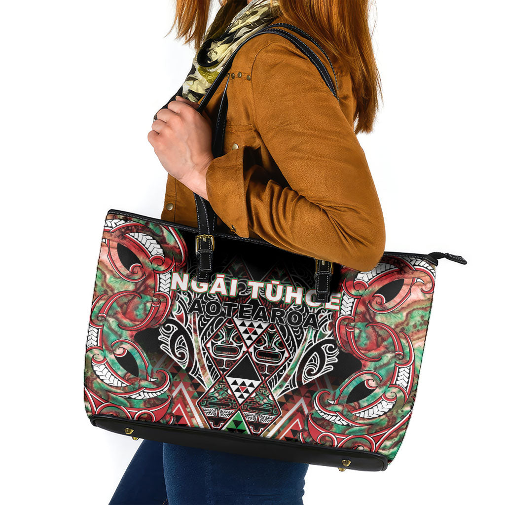 Aotearoa Ngai Tuhoe Leather Tote Bag Maori Tribal Red And Green Paua Shell Pattern DT05 Red - Polynesian Pride