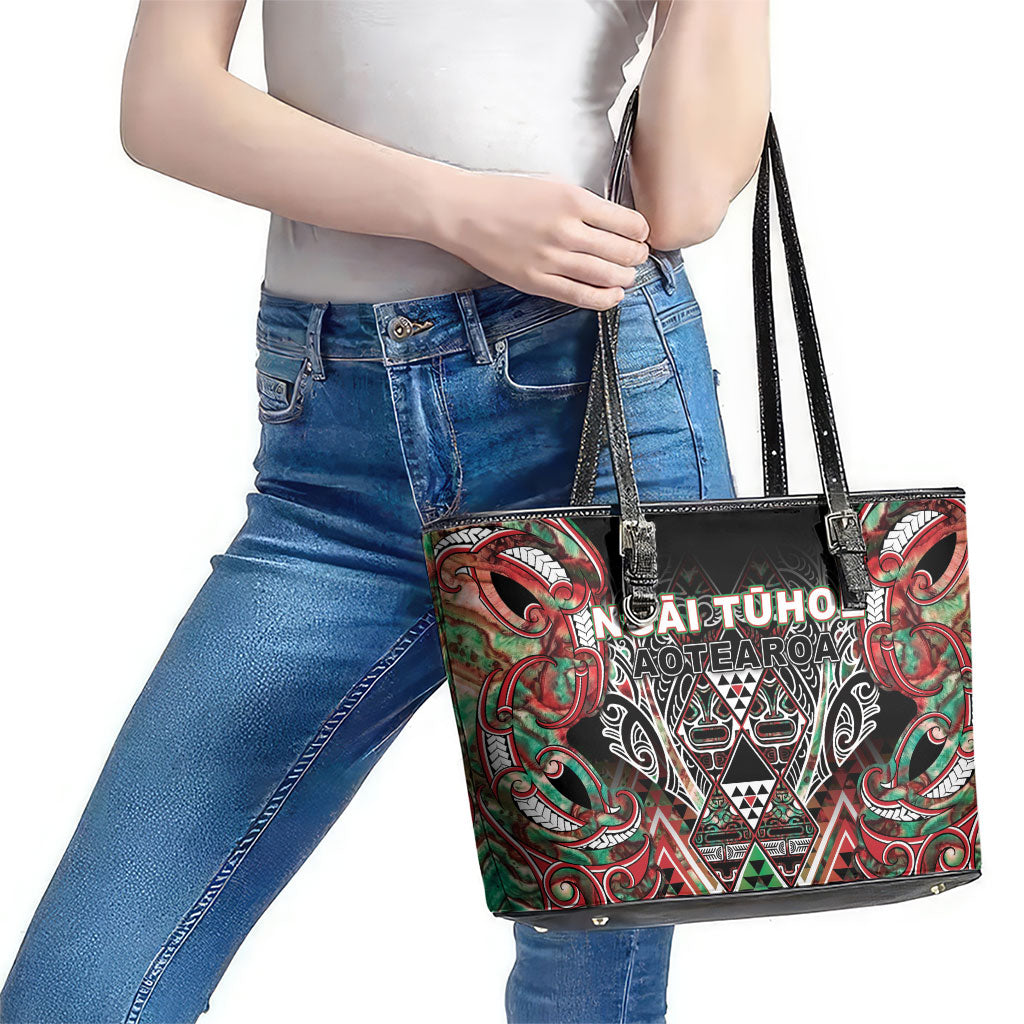 Aotearoa Ngai Tuhoe Leather Tote Bag Maori Tribal Red And Green Paua Shell Pattern DT05 - Polynesian Pride