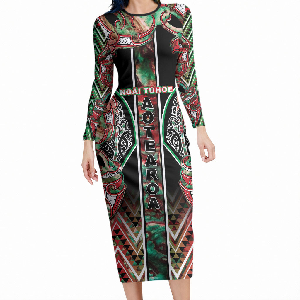 Aotearoa Ngai Tuhoe Long Sleeve Bodycon Dress Maori Tribal Red And Green Paua Shell Pattern DT05 Long Dress Red - Polynesian Pride