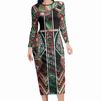 Aotearoa Ngai Tuhoe Long Sleeve Bodycon Dress Maori Tribal Red And Green Paua Shell Pattern DT05 Long Dress Red - Polynesian Pride