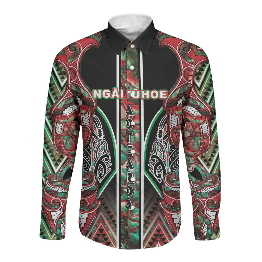 Aotearoa Ngai Tuhoe Long Sleeve Button Shirt Maori Tribal Red And Green Paua Shell Pattern DT05 Unisex Red - Polynesian Pride