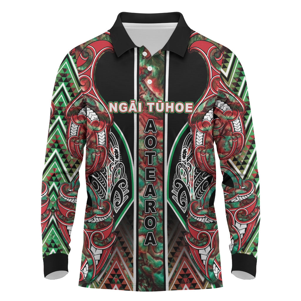 Aotearoa Ngai Tuhoe Long Sleeve Polo Shirt Maori Tribal Red And Green Paua Shell Pattern DT05 Red - Polynesian Pride