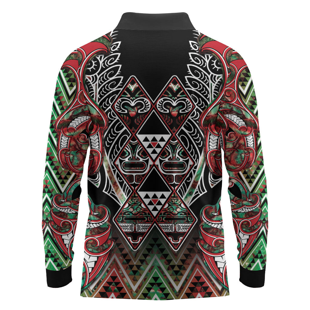 Aotearoa Ngai Tuhoe Long Sleeve Polo Shirt Maori Tribal Red And Green Paua Shell Pattern DT05 - Polynesian Pride