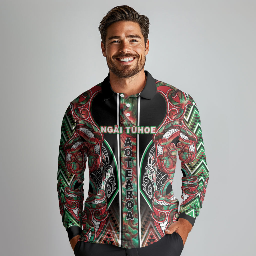 Aotearoa Ngai Tuhoe Long Sleeve Polo Shirt Maori Tribal Red And Green Paua Shell Pattern DT05 - Polynesian Pride