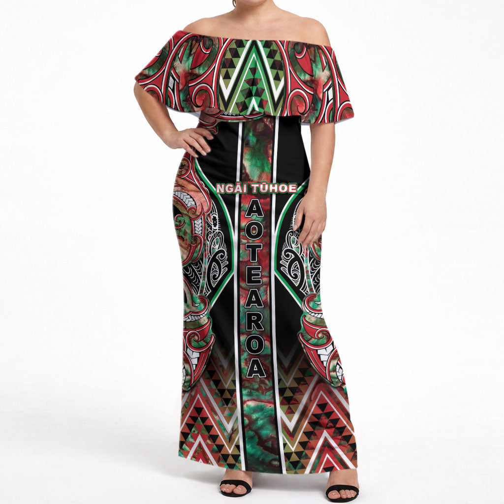 Aotearoa Ngai Tuhoe Off Shoulder Maxi Dress Maori Tribal Red And Green Paua Shell Pattern DT05 Women Red - Polynesian Pride