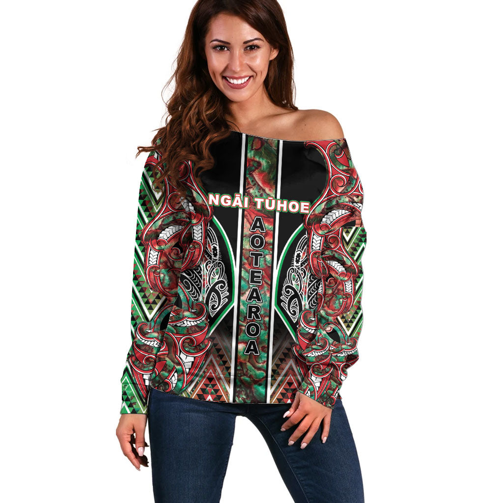 Aotearoa Ngai Tuhoe Off Shoulder Sweater Maori Tribal Red And Green Paua Shell Pattern DT05 Women Red - Polynesian Pride
