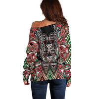 Aotearoa Ngai Tuhoe Off Shoulder Sweater Maori Tribal Red And Green Paua Shell Pattern DT05 - Polynesian Pride