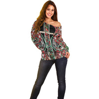 Aotearoa Ngai Tuhoe Off Shoulder Sweater Maori Tribal Red And Green Paua Shell Pattern DT05 - Polynesian Pride