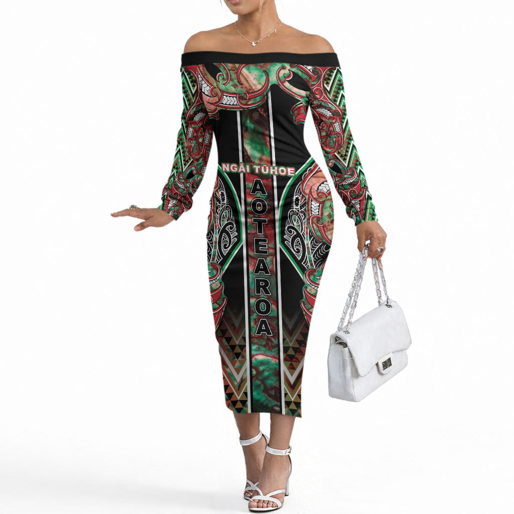 Aotearoa Ngai Tuhoe Off The Shoulder Long Sleeve Dress Maori Tribal Red And Green Paua Shell Pattern DT05 Women Red - Polynesian Pride